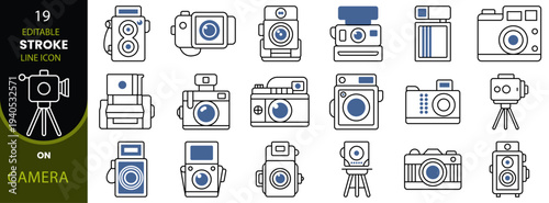 Digital camera icon set. Editable vector camera icon illustration