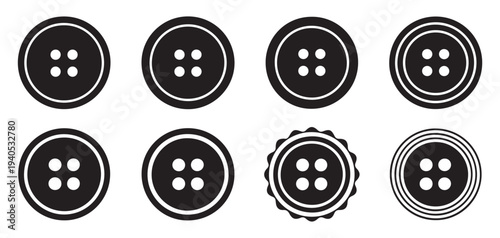 Classic round black sewing buttons, four hole clothing fasteners silhouette. vector illustration eps 10