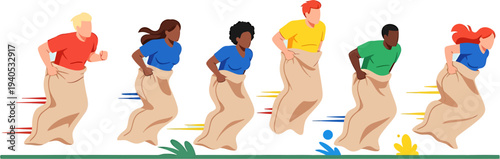 Children having fun participating in a traditional sack race outdoors on a sunny day, representing childhood games and outdoor activities