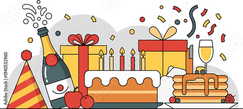 Joyful Birthday Celebration Illustration with Festive Elements Cake, Champagne, Gifts, and Party Treats for a Special Occasion