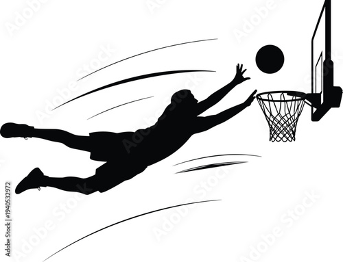 Silhouette of basketball player dunking ball into hoop with motion lines