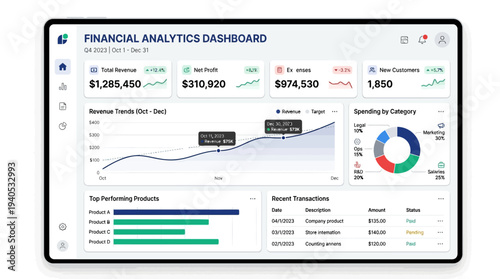 Financial Analytics Dashboard Displayed on Computer Screen.