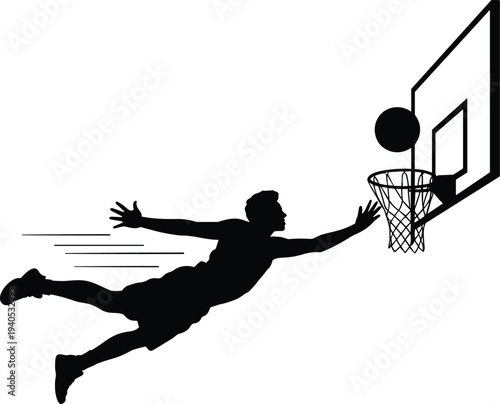 Silhouette of basketball player dunking ball into hoop black white