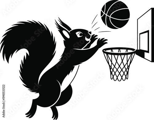 Squirrel jumping to dunk basketball into hoop