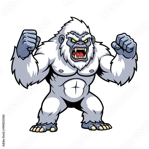 Furious White Bigfoot Monster Roaring with Clenched Fists