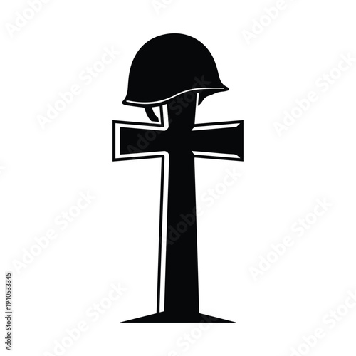 Memorial cross with military helmet symbolizing sacrifice and remembrance