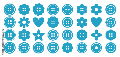 Decorative sewing buttons in various shapes, blue heart star and flower fasteners. vector illustration eps 10