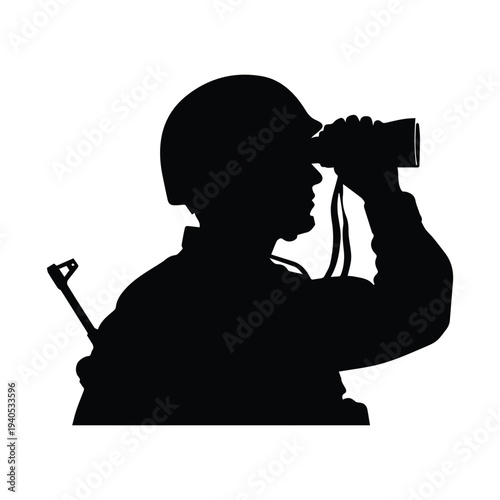Soldier looking through binoculars in military gear