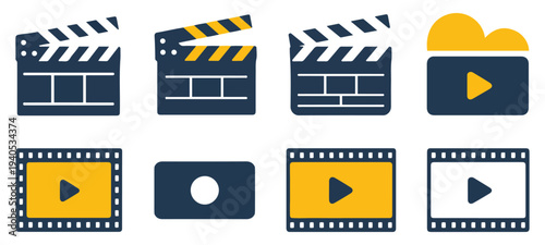 movie clapperboard video player icon set