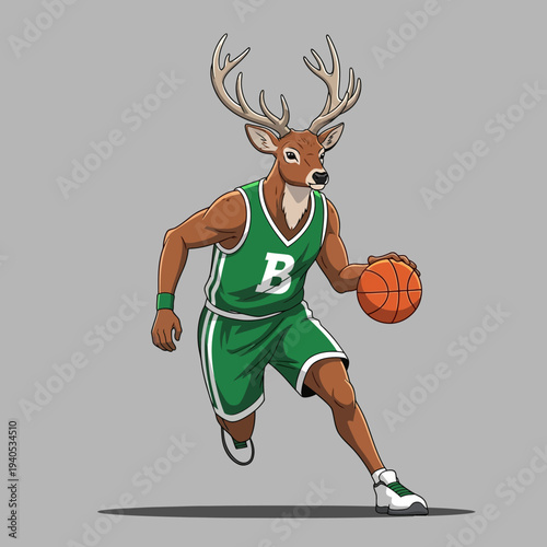 Deer Athlete Dribbling Basketball in Green Jersey