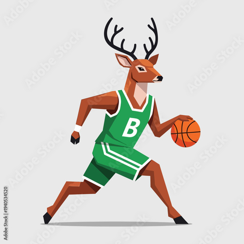 Deer Basketball Player Dribbling Ball in Green Jersey