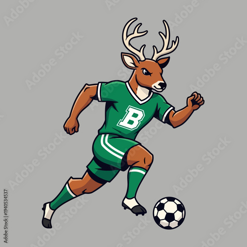 Deer Mascot Playing Soccer, Athletic Animal Athlete in Green Uniform Kicking Ball