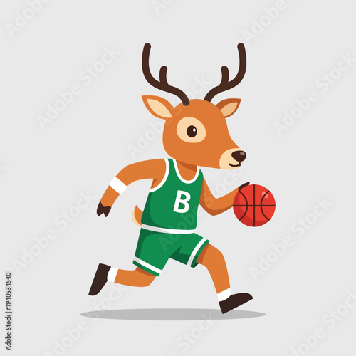 Deer basketball player dribbling ball in green uniform, cartoon character, sports concept