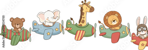 Set of Cute Cartoon Animals Flying Airplanes Featuring Bear Elephant Giraffe Lion and Bunny for Kids Nursery and Educational Design.