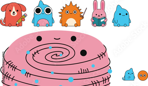 Set of Cute Cartoon Mascot Characters Featuring Dog with Pencil Bunny Reading Book and Colorful Monsters for Early Childhood Education.