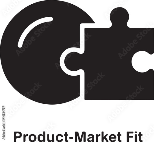 Black puzzle piece fitting into circle with text Product Market Fit connection solution
