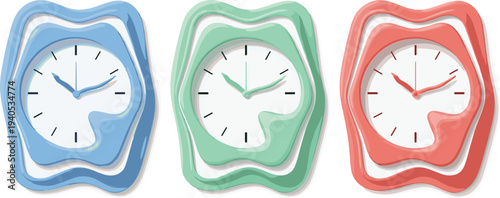 Set of Decorative Wall Clocks Featuring Abstract Wavy Frames in Blue Green and Red for Modern Home Interior and Office Decor.