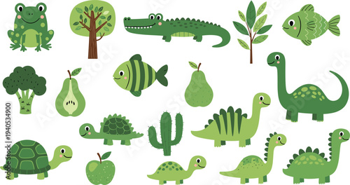 Comprehensive Green Themed Illustration Set Featuring Cute Frog Crocodile Dinosaurs Fish Turtle and Healthy Green Foods for Children's Educational Design.