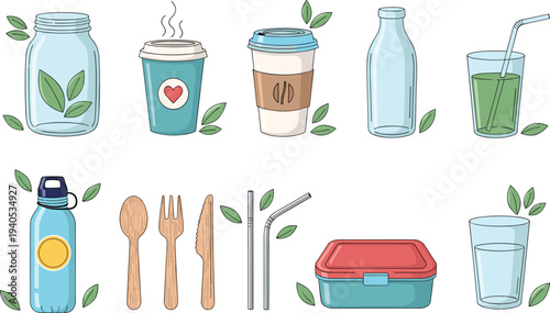 Comprehensive Sustainable Kitchenware and Dining Set Featuring Reusable Glass Jars Bamboo Cutlery Metal Straws and Eco Friendly Food Containers.