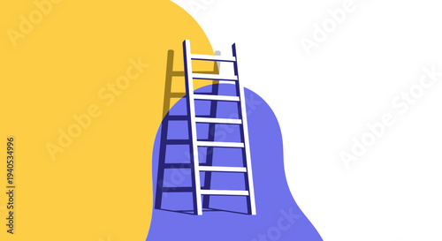 A white ladder casts a shadow against abstract colorful shapes, symbolizing growth and aspiration.