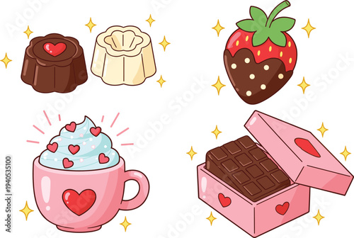 Gourmet Chocolate and Sweets Illustration Set Featuring Heart Decorated Hot Cocoa Chocolate Dipped Strawberry and Gift Boxes for Valentine's Day Design.