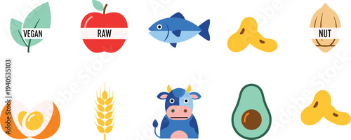 Healthy Food and Allergen Icon Set Featuring Vegan Raw Nut and Dairy Free Symbols with Organic Fruit and Vegetable Graphics.