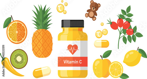 Vitamin C Supplement Set Featuring Healthy Fruits and Vegetables Including Orange Pineapple Kiwi and Lemon for Immunity and Nutrition Design.