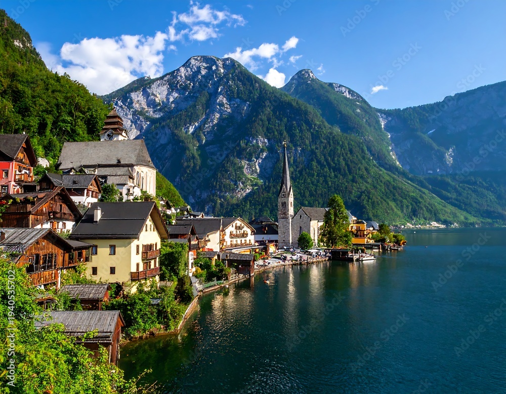 Fototapeta premium Scenic lakeside village nestled at the foot of towering mountains under a bright blue sky