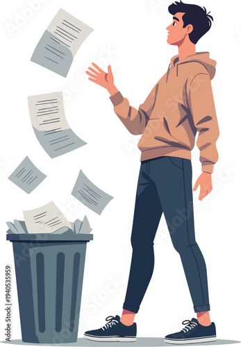 uomo o donna che buttano carta o oggetti nel cestino e il vento porta via tutto vettoriale