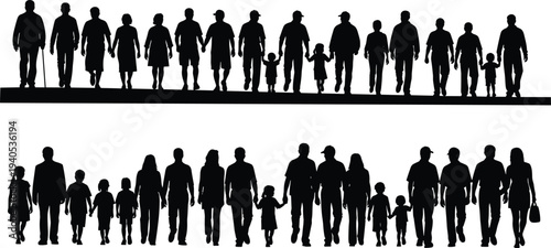 Black silhouette set of people walking dogs, running, cycling, families holding hands, diverse groups exercising in park, active lifestyle vector.