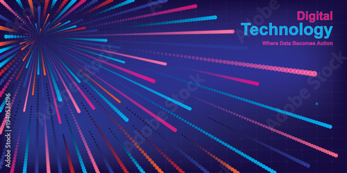 Vector illustration of vibrant digital technology background with colorful neon lines and futuristic design elements on a dark blue gradient background