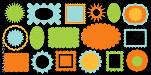 Colorful geometric shapes and frames arranged on a black background