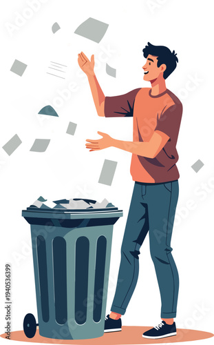uomo o donna che buttano carta o oggetti nel cestino e il vento porta via tutto vettoriale