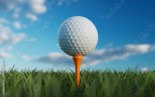White Golf Ball on Orange Tee in Green Grass Field under Blue Sky for Sports Concept