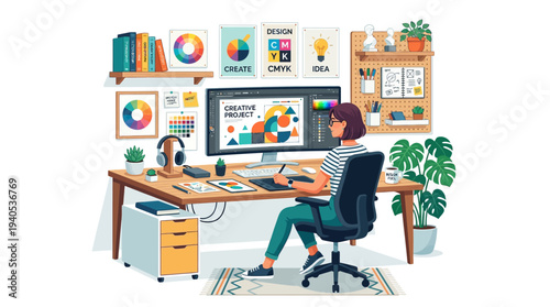 Woman Working on Computer at Desk.