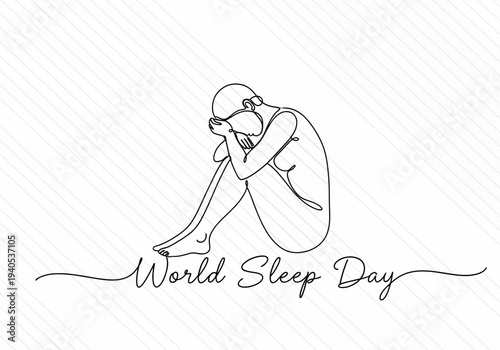 World sleep day single line drawing of person cuddling knees
