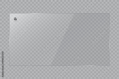 Realistic glass plate with realistic reflection and shine, metal bolt fastener on transparent background, modern glossy texture for vector presentation vector.