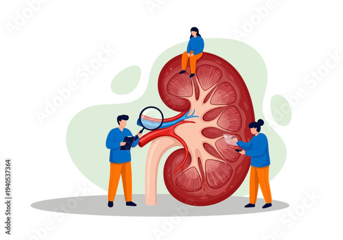 Medical team examining a crosssectional human kidney anatomy
