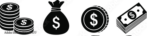 Black money icons set including stacks of dollar coins, cash bags, and bank notes for financial and business concepts.Black money icons set including stacks of dollar coins, cash bags, and bank notes 