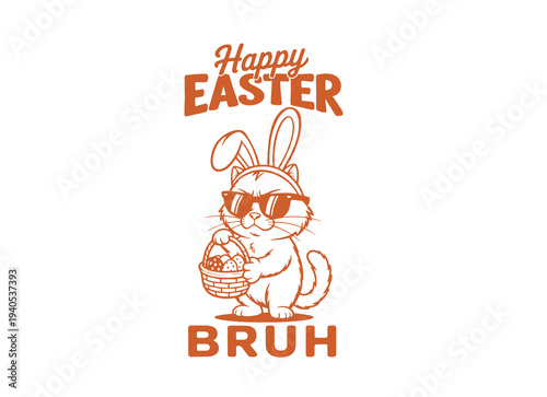 Funny cat with bunny ears and sunglasses holds an Easter basket filled with colorful eggs and candy