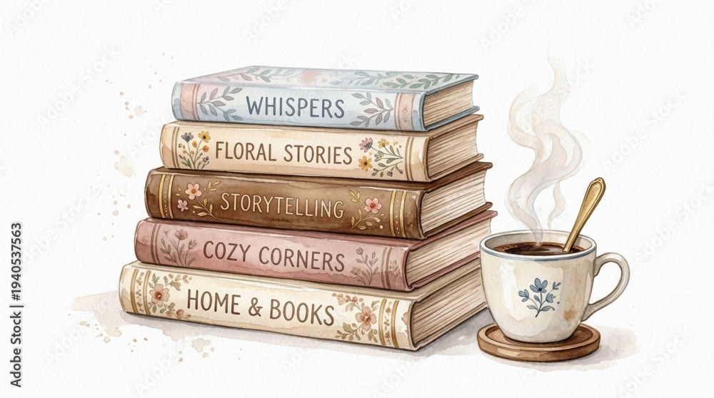 Naklejka premium Stack of Decorative Books with Steaming Coffee Cup and Floral Design