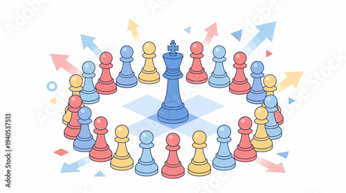 Leadership Strategy Concept with Chess King Surrounded by Pawns and Arrows Illustrating Teamwork and Direction