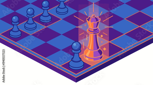 Glowing Chess Queen on Isometric Board - Strategy, Leadership, and Success Concept Illustration