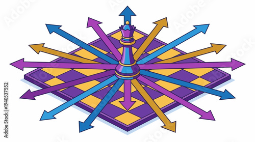 Chess Queen Strategy: Navigating Multiple Directions on a Board - Isometric Vector Illustration of Decision Making and Options
