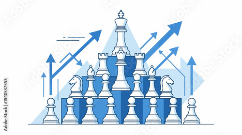 Business Strategy and Growth Concept with Chess Pieces Pyramid and Upward Arrows