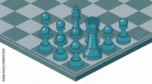 Isometric Chess Pieces Illustration on Chessboard - Strategy Game Concept Vector Art