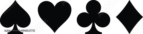 Set of four playing card suit symbols featuring black spades hearts clubs and diamonds icons for gambling casino and games