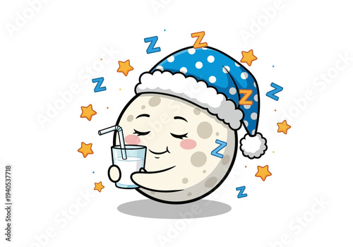 Cute sleeping moon character drinking milk with stars