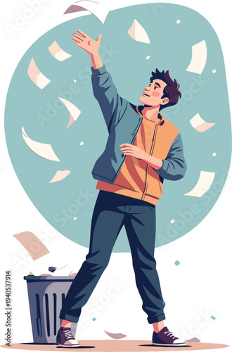 uomo o donna che buttano carta o oggetti nel cestino e il vento porta via tutto vettoriale