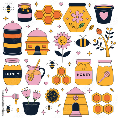 Beekeeping Honey and Bee Farm Cute Icon Collection
